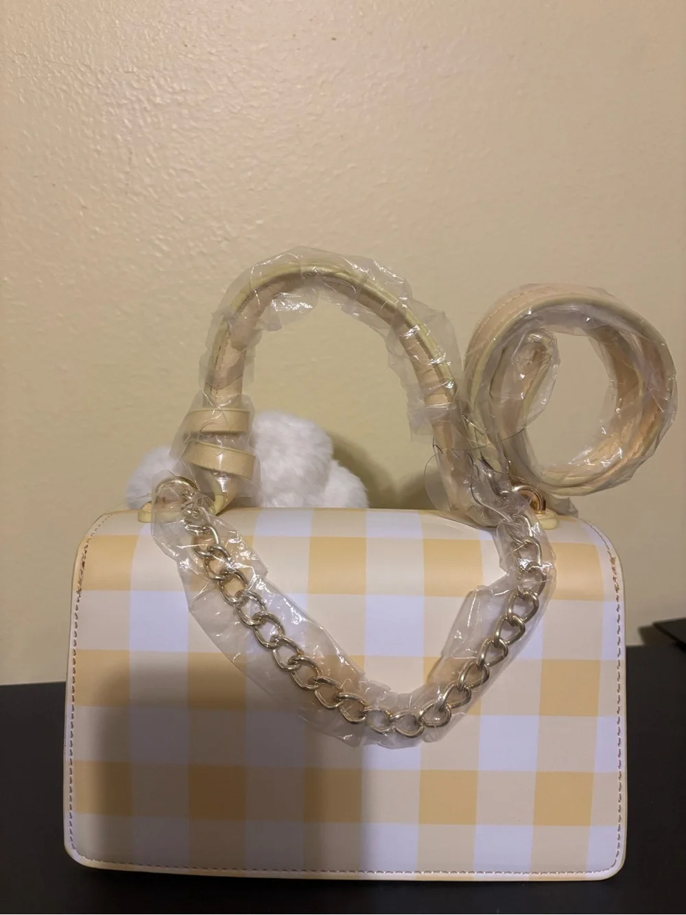 Betsey Johnson Yellow Gingham Crossbody with White Flower Charm